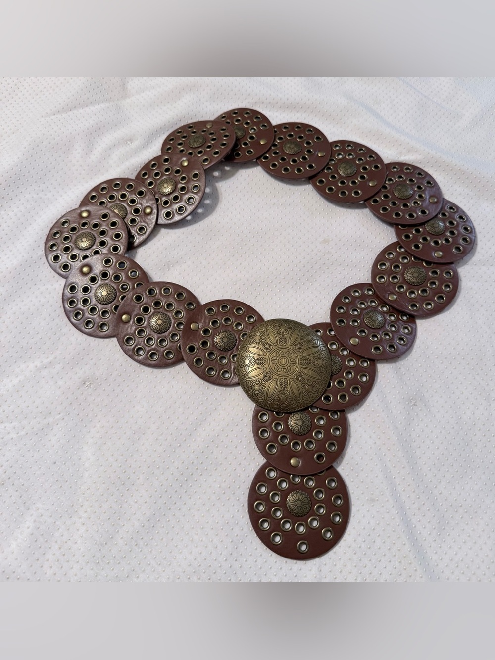 Round Disc Brown Leather Belt with Ornate Gold-Tone Medallion